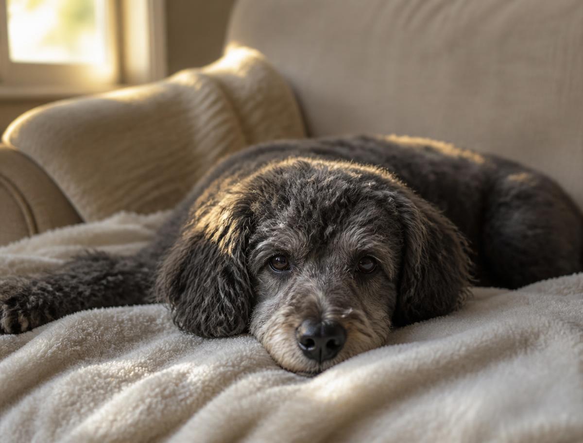 An older Poodle mix dog resting peacefully in warm afternoon light